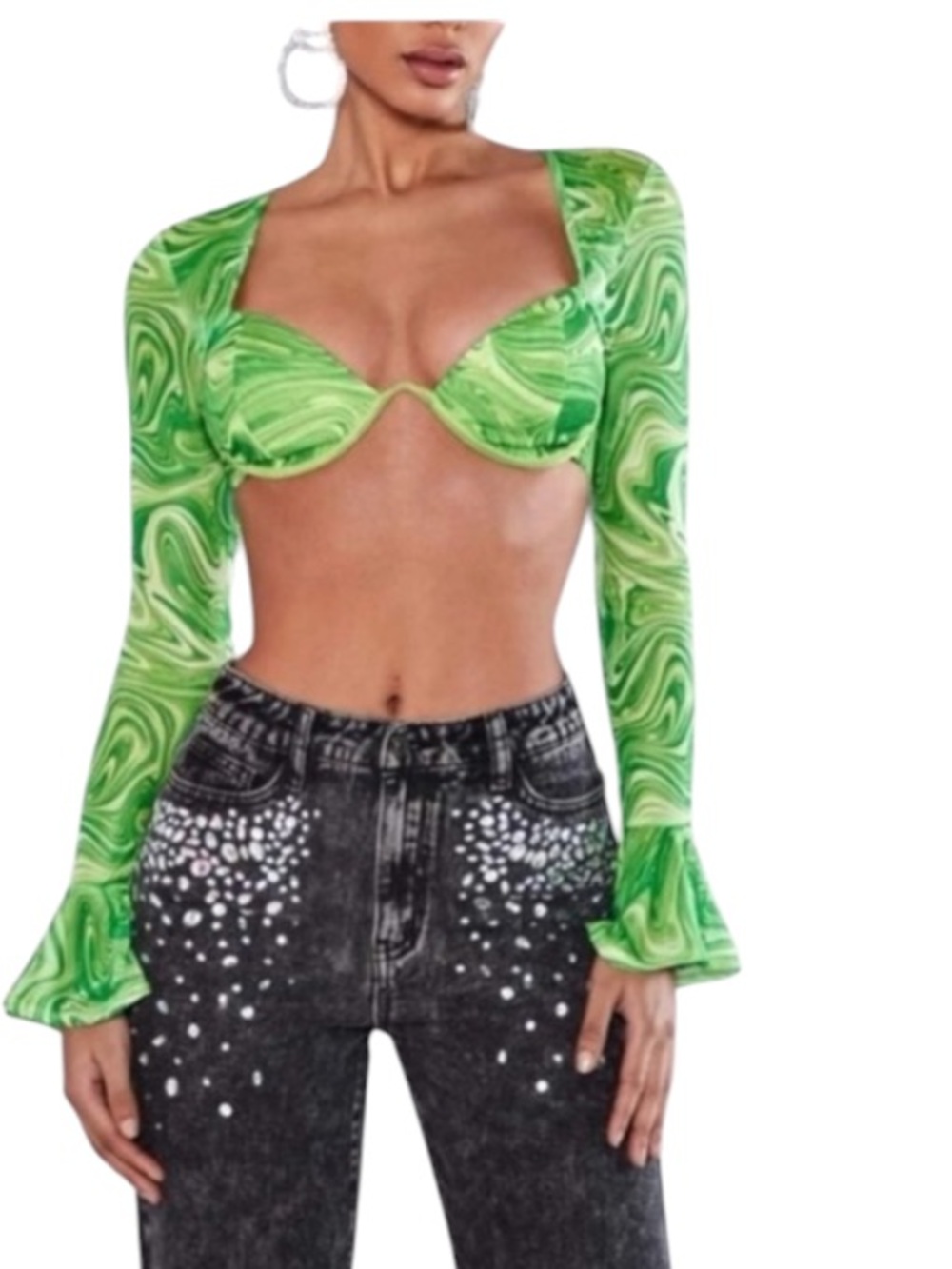 SHEIN BAE Marble Print Flounce Sleeve Crop Top size  L new without tag